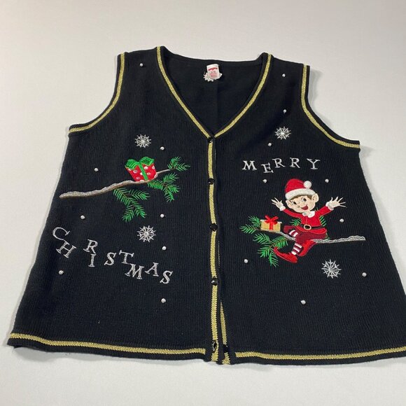 Womens XL Christmas Sweater Vest Holiday Time Black Merry Christmas Elf Design - Picture 7 of 7